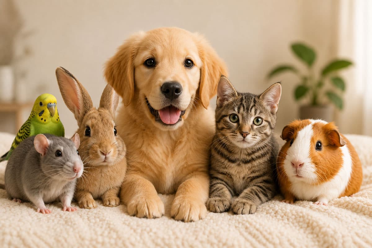 Chien, chat, hamster, oiseau, lapin, rat et souris